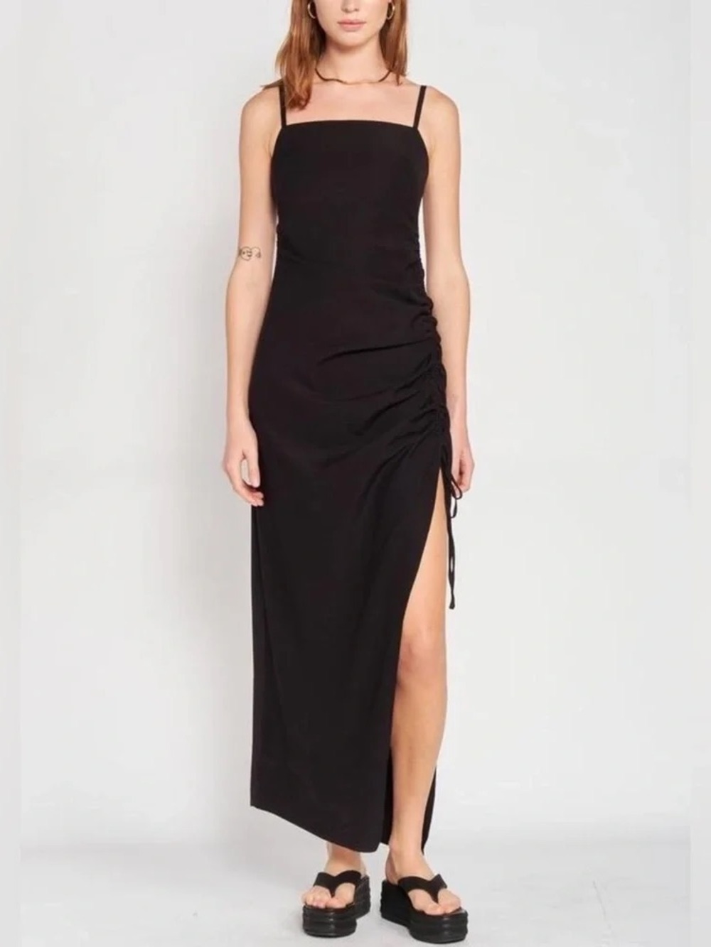 Emory Park Navy Blue Satin Slip Side Slit Ruched Midi Dress - Wedding Guest NWT